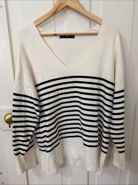 Mango Cream and Black Striped V-Neck Knit Sweater